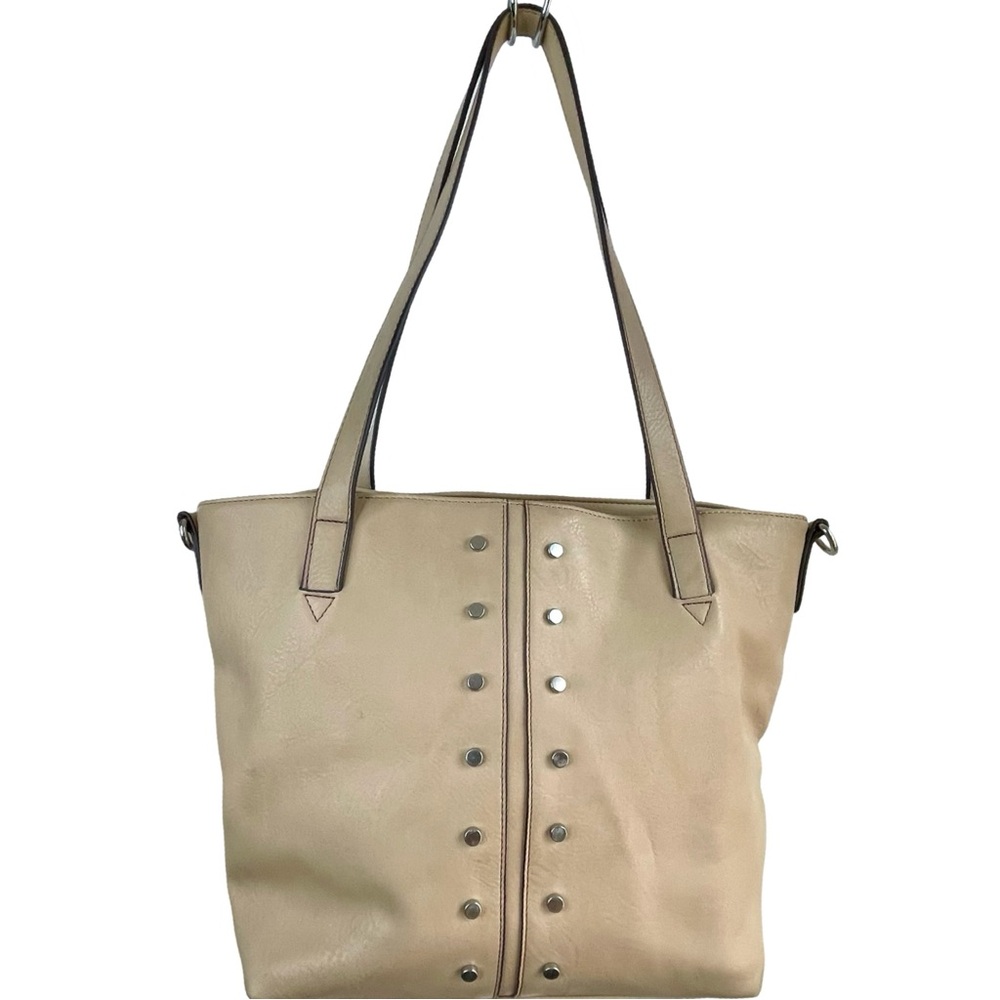 Nicole Miller Beige Studded Double Handle Faux Leather Shoulder Bag Satchel